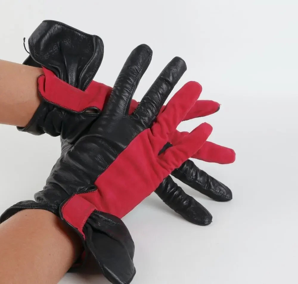 RARE Vintage Pierre Cardin Red Black Leather Suede Bow Gloves Size 7.5 France